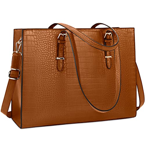 Laptop Bag for Women 15.6 Inch Crocodile Leather Tote Bag Water-resistant Work Briefcase Business Computer Shoulder Bag for Travel Teacher Nurse Professional Handbag - color: Brown