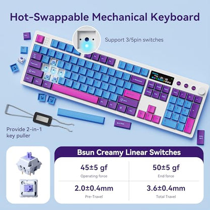 BOYI K104Pro Creamy Mechanical Gaming Keyboard,2.2" Smart Screen&Media Knob,QMK/VIA Programmable Tri-Mode BT/2.4GHz/USB-C 100% Full Size Gasket Mounted Hot Swap RGB Keyboard for PC Mac(White Joker) - color: White Joker