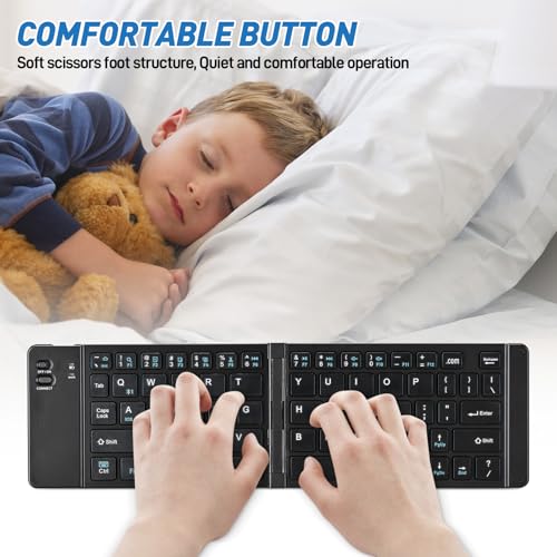 Mini Rechargeable Foldable Bluetooth Keyboard and Mouse Combo, Portable (Sync Up to 3 Devices), Ultra-Slim Travel Folding Keyboard for iPhone iPad Mac Android Windows iOS（Black） - color: black