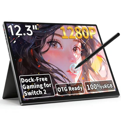 S123E 12.3 Inches Portable Monitor Touchscreen Monitor for Switch/Switch 2 | 1920 x1280 Ultra Slim Mini Travel Monitor 1280P IPS Display 100% sRGB for Laptop Surface PC Xbox PS4/5 and Office - size: 12.3"