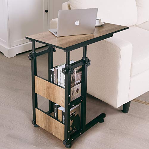 Tangkula Rolling Height Adjustable C Table, Mobile Sofa Side End Table Couch Desk, Sofa Desk Snack Table with Storage Shelves, Bed Side Table for Coffee Laptop Tablet, Wood Look Accent Furniture