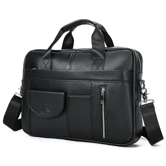 Genuine Leather Business Briefcase Laptop Handbag, Crossbody, Premium Quality, Spacious Design, Versatile Carrying Options - color: Black