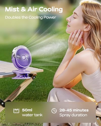 SWEETFULL Portable Misting Clip On Fan, USB-C Rechargeable Mini Personal Cooling Fan with 4 Speeds, 360° Rotatable, Quiet Cooling for Outdoor, Camping, Golf Cart, Travel, Stroller & Desk (Purple) - color: Light purple