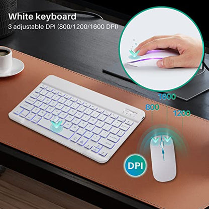 Bluetooth Keyboard and Mouse Combo for iPad - Rechargeable Wireless Keyboard & Mouse with 7-Color Backlit Compatible with iPad 9th/8th Gen, iPad Pro/Air/Mini, iPhone14/13/12 Pro, White - color: white