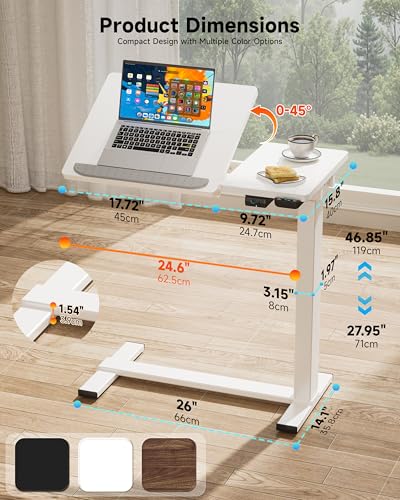 BIZUM Small Electric Standing Desk, Overbed Table Wireless Tilt Top with Hidden Wheels, 27.6×15.8 Inch Adjustable Rolling Laptop Desk, USB-C Rechargeable Battery, White - color: White