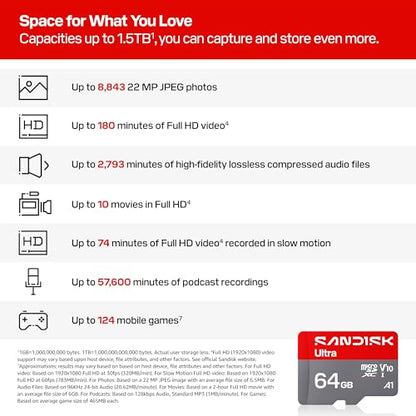 SANDISK 64GB Ultra microSD UHS-I Card - Up to 145MB/s Read Speed, Full HD Video, V10, U1, C10, A6 - SDSQUJQ-064G-GZ6MA - size: 64GB, style: New Version