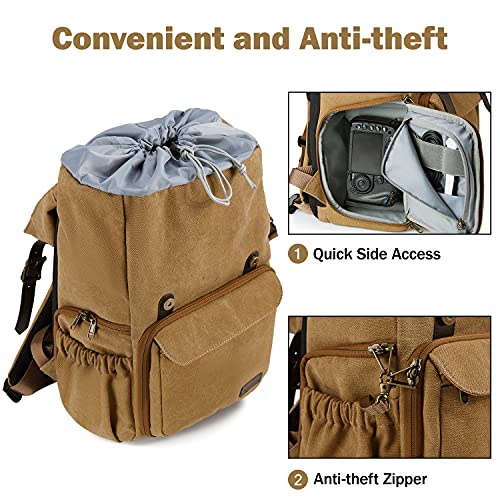 BAGSMART Camera Backpack, DSLR Camera Bag, Waterproof Camera Bag Backpack for Photographers, Fit up to 15" Laptop with Rain Cover and Tripod Holder, Khaki - color: G-khaki[double Buckle]