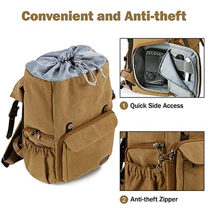 BAGSMART Camera Backpack, DSLR Camera Bag, Waterproof Camera Bag Backpack for Photographers, Fit up to 15" Laptop with Rain Cover and Tripod Holder, Khaki - color: G-khaki[double Buckle]