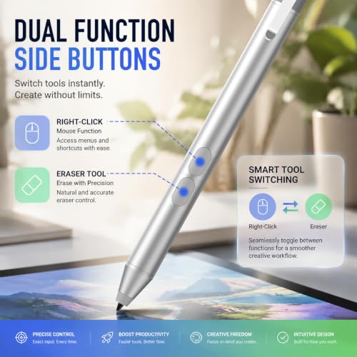tesha Active Pen for ASUS ZenBook Vivobook, No Pairing, 2500Hr Battery | For ASUS ProArt ROG Flow ExpertBook, Palm Rejection, 1024 Pressure, Dual Buttons, Replaces SA201H SA203H for Students Doers - color: Silver