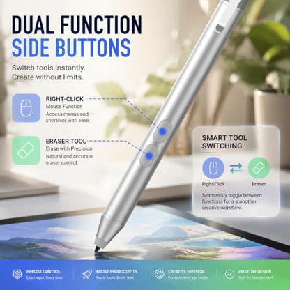 tesha Active Pen for ASUS ZenBook Vivobook, No Pairing, 2500Hr Battery | For ASUS ProArt ROG Flow ExpertBook, Palm Rejection, 1024 Pressure, Dual Buttons, Replaces SA201H SA203H for Students Doers - color: Silver