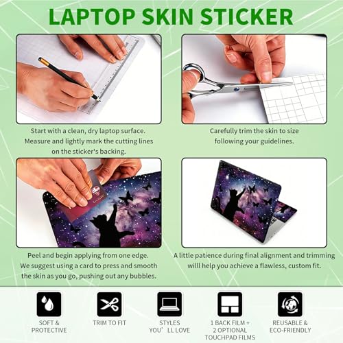 Laptop Skin Sticker Decal, Universal Protective Cover Fit 12 13 14 15.6 Inch Notebook, Reusable Water-Resistant Vinyl Decal w/ 2 Wrist Pads for Business Travel Office, Black Cat Stars - color: Black Cat Stars