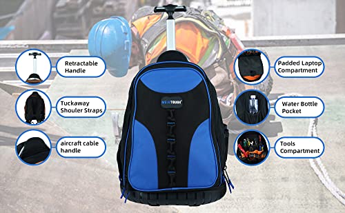MELOTOUGH Wheeled Rolling Automotive Tool Bag Backpack Blue | Heavy-Duty Water-Resistant 600D, 37 Pockets & Large Interior, Smooth Wheels & Telescoping Handle, Pro Tool Organizer - color: Blue
