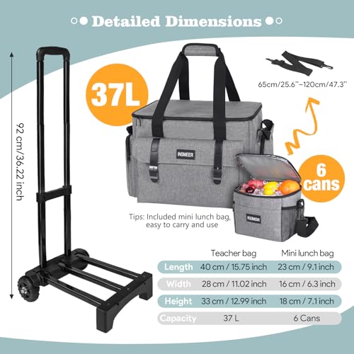 INSMEER Rolling Teacher Bag with Wheels,Wheeled Teacher Tote Bag with Insulated Lunch Bag,with Padded Laptop Compartment - color: Grey