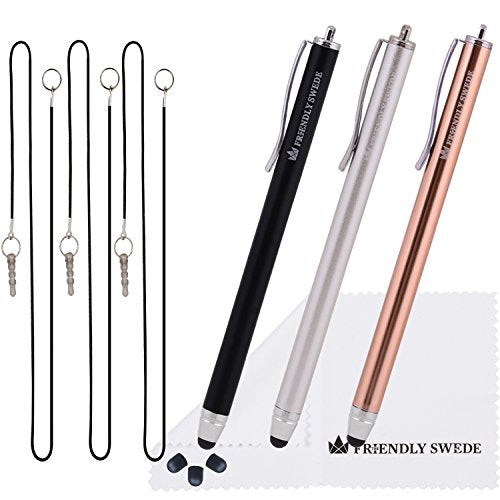 The Friendly Swede Stylus Pen for Touchscreen with Replaceable Thin Tips | 3 Spare Rubber Tips, 3 Elastic Lanyards, Microfiber Cleaning Cloth, 3-Pack 5.5" High Precision Stylus Pen, Gold/Silver/Black - color: Gold/Silver/Black
