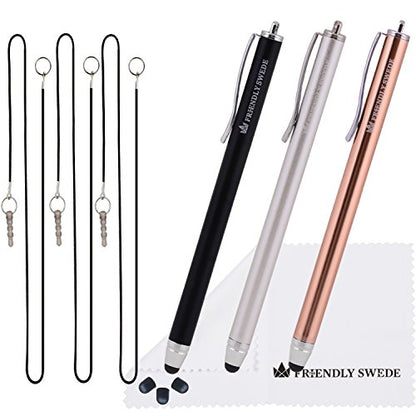 The Friendly Swede Stylus Pen for Touchscreen with Replaceable Thin Tips | 3 Spare Rubber Tips, 3 Elastic Lanyards, Microfiber Cleaning Cloth, 3-Pack 5.5" High Precision Stylus Pen, Gold/Silver/Black - color: Gold/Silver/Black