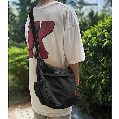Large Canvas Messenger Bag with Multiple Pockets for Men and Women, Crossbody Shoulder Tote Hobo Laptop Bag - color: 1 - Black