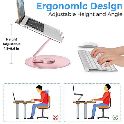 Swivel Laptop Stand for Desk, Adjustable Height Aluminum Computer Stand with 360 Rotating Base, Foldable Ergonomic Riser, Portable Laptop Holder Compatible with MacBook, All Laptops 10-17'', Pink - color: Pink