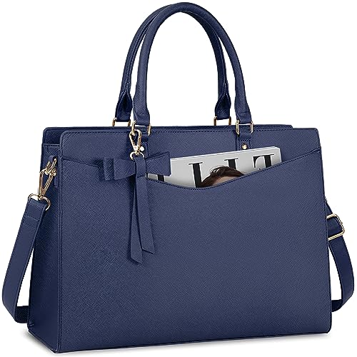RAINSMORE Laptop Bag for Women 15.6 Inch PU Tote Bag Business Office Work Bag Waterproof Briefcase Computer Tote Lightweight Handbag Shoulder, Blue - color: Blue