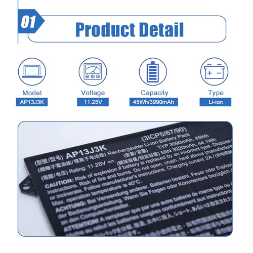 AP13J3K AP13J4K 45Wh Laptop Battery Compatible with Acer Chromebook 11.6" 11 C720 C720P C740 Series Notebook KT.00304.001 KT.00303.001 CB3-431-C5EX 11.4V 3920mAh (2.5cm Short Cable)
