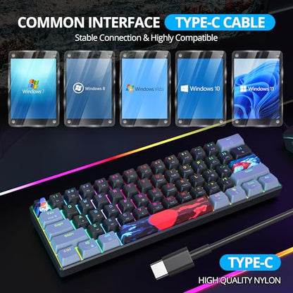 60% Mechanical Keyboard Grey and Black, Compact 60 Percent Gaming Keyboard RGB Backlit, 61 Keys Mini Keyboard, USB Wired Office Keyboard for Windows Mac Laptop PC (61 Dark/Red Switches) - color: 61 Dark/Red Switch