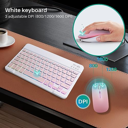 Bluetooth Keyboard and Mouse Combo for iPad - Rechargeable Wireless Keyboard & Mouse with 7-Color Backlit Compatible with iPad 9th/8th Gen, iPad Pro/Air/Mini, iPhone14/13/12 Pro,(10 inch Pink) - color: pink