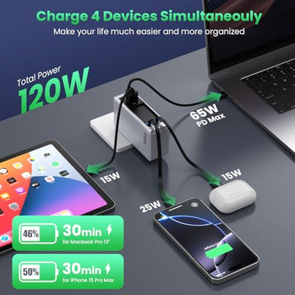 120W USB C Charger Block with 2 Built-in Retractable Cables,4-in-1 GaN IV Foldable Plug Wall Charger Fast Charging Station,PD 65W Laptop Adapter for MacBook/iPad,iPhone 17/16/15/14,Galaxy,Android etc - color: A-Silver