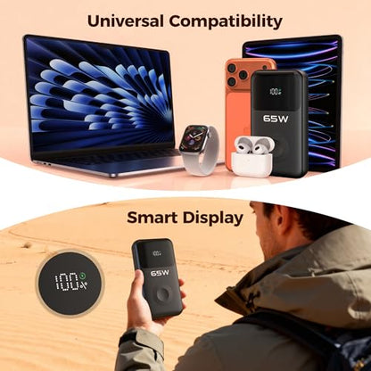 PANDUK 65W Power Bank, 20000mAh Laptop Portable Charger for Apple Watch | 5 in 1 | USB C Fast Charging |Built-in 2 Cables |LED Display |Travel Essentials Battery Pack |for iPhone/MacBook/iPad/iWatch
