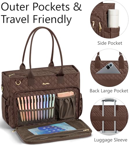 Bagstellar Teacher Tote Bag for Women, 15.6" Laptop Work Tote Computer Bag | Quilted Bible Nurse Bag with 40oz Cup Holder, Insulated Pocket & Strap, Large Laptop Briefcase for School Travel Office Gifts - color: Chocolate
