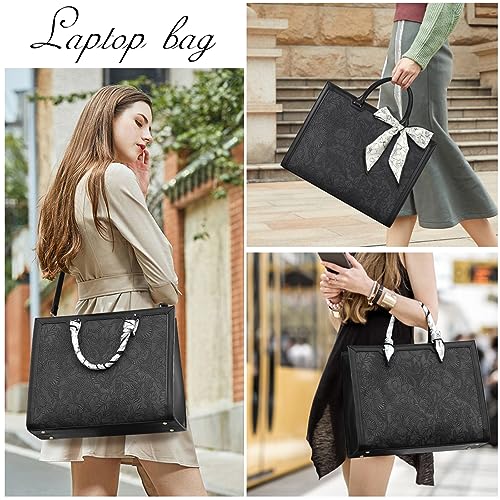 Laptop Bag for Women 15.6 Inch Tote Waterproof Leather Computer Business Lightweight Office Briefcase Large Capacity Handbag Shoulder Black - color: Black