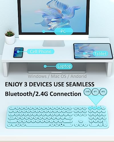 Silent Wireless Keyboard, Bluetooth/2.4G Dual-Mode (Blue) | scissor-switch, ful-size office, slim profile with round keycaps, and compatibility with Windows, Mac, and PC - color: Blue Keyboard