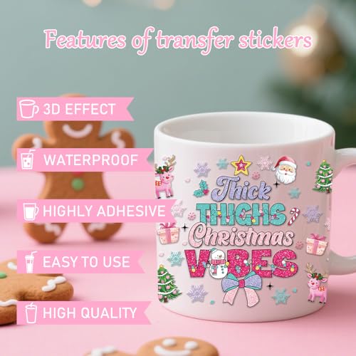 Rngmsi UV DTF Cup Wrap - 10 Pcs Glitter Christmas UV DTF Stickers for 16 oz Xmas Tree Bow Santa Waterproof UVDTF Transfer Decals for Glasses Cups DIY Crafts - style: Glitter Christmas
