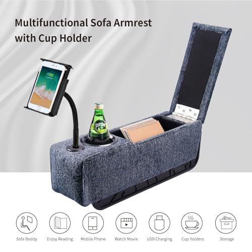 Multifunctional Sofa Armrest, Couch Armrest with Wireless Charge Stand, Removable Couch Caddy with Storage,Including LED Reading Light - color: Navy, size: Fabric-1 CUP