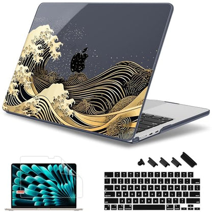 May Chen for MacBook Air 15 inch Case M5 M4 M3 M2 2026 2024-2023, Model A3448 A3241 A3114 A2941, Closes Seamlessly Hard Shell Laptop Cover with Keyboard Cover, Black Sea Wave - color: Black Sea Wave