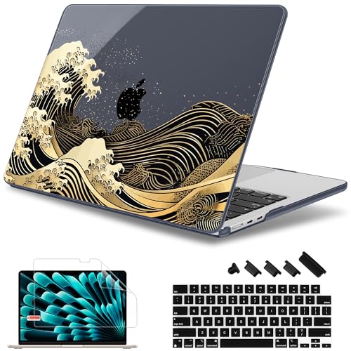 May Chen for MacBook Air 15 inch Case M5 M4 M3 M2 2026 2024-2023, Model A3448 A3241 A3114 A2941, Closes Seamlessly Hard Shell Laptop Cover with Keyboard Cover, Black Sea Wave - color: Black Sea Wave