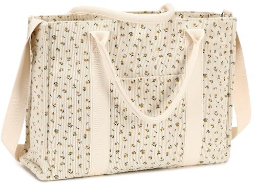 BTOOP Work Tote Bag for Women, Laptop Tote Bag With 15.6 Inch Padded Compartment, Teacher Nurse Bible Bags - color: Beige-flower 92（corduroy）