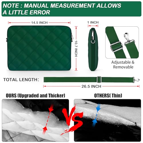 Puffy Quilted Laptop Sleeve with a Removable Shoulder Strap Compatible with MacBook Air/Pro, 13-13.3 inch Notebook, Compatible with MacBook Pro 14 inch M3 M2 M1 Chip 2023-2021 - color: Sleeve - Blackish Green, size: 13-13.3 inch