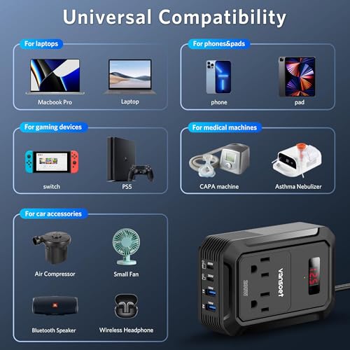 200W Car Power Inverter DC 12V to 110V AC Inverter with PD 65W/30W USB C & 2 QC 18W USB Ports & 2 AC Outlets,Car Pluɡ Adapter Outlet for Laptop/Phone/Road Trip - color: Black