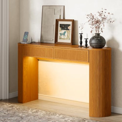 55" Fluted Console Table with 2 Drawers & LED Lights,Entryway Tables with Charging Station,Narrow Sofa Table Behind Couch,Mid-Century Modern Foyer Table for Entryway, Hallway, Living Room(Yellow Oak) - color: Yellow Oak