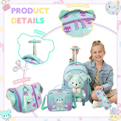 Meetbelify Rolling Backpack for Girls Backpacks with Wheels for Elementary Student Kids School Travel Bag for Girls Ages 6-8 Years Old - color: Green