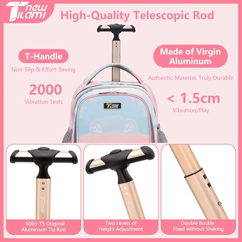 NEW TILAMI 16 Inch Rolling Backpack with Lunch Bag for Girls Boys School | 6-Wheel Stair-Climbing Girls Boys Carry-on Suitcase Water-Resistant Adjustable Trolley Handle Wheels School Travel Camping - color: Pastel Pink - Blue