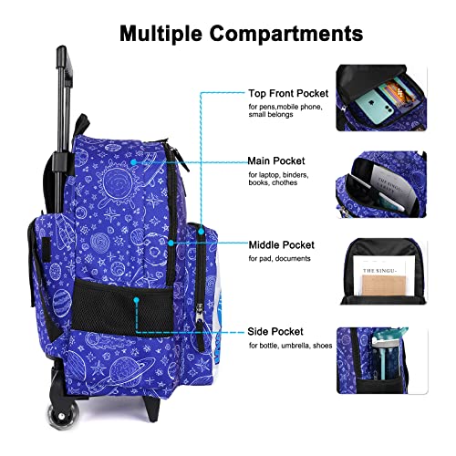 Tilami Rolling Backpack 18 inch Double Handle with Lunch Bag Wheeled Kids Backpack, Spaceship Blue - color: Spaceship Blue