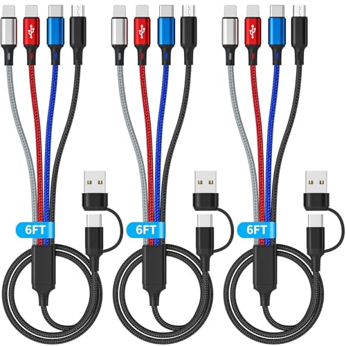 Multiple Charging Cable (3Pack 6FT) USB A/C Universal Charging Cords | Dual Type C Port Phone Charger Cord for Multiple Devices, Travel Charger for iPhone 17-11/Galaxy/Tablets/PS Home,Office,Car