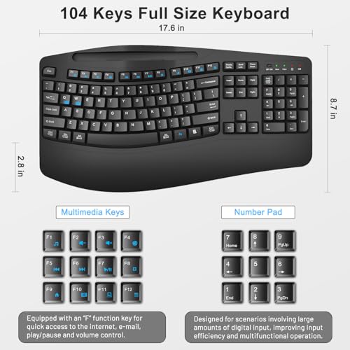 Wireless Keyboard and Mouse Combo, 2.4G Full Size Wave Keys Ergonomic Keyboard with Wrist Rest, Phone Holder, 3-Level DPI Wireless Silent Mouse with 6-Buttons, for Windows, Mac OS, Laptop, PC (Black) - color: Black
