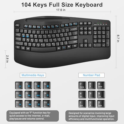 Wireless Keyboard and Mouse Combo, 2.4G Full Size Wave Keys Ergonomic Keyboard with Wrist Rest, Phone Holder, 3-Level DPI Wireless Silent Mouse with 6-Buttons, for Windows, Mac OS, Laptop, PC (Black) - color: Black
