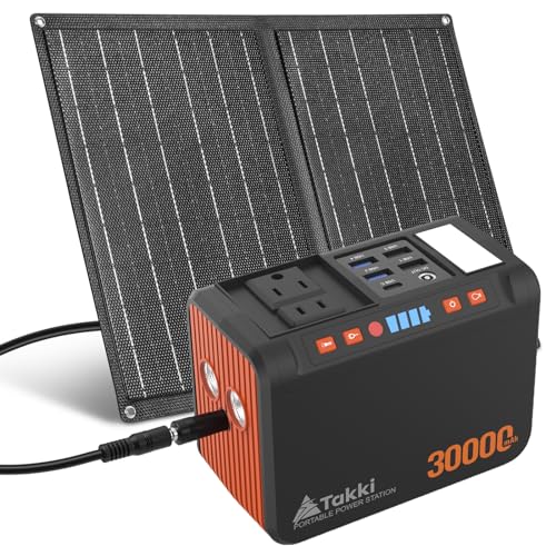Takki 111Wh Portable Solar Generator Power Station with 21W Foldable Solar Panel, 120W Peak Solar Charger Power Bank with 110V AC DC USB Ports for Camping Emergency Outdoor Home Use - color: Deep Orange