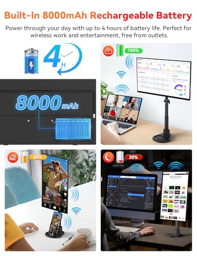Wireless Portable Monitor Battery-Powered, Support AirPlay Miracast, 15.6" 1080P Monitor USB-C HDMI External Display w/Stand Bag, 2nd Screen for Laptop MacBook PC Phone Tablet, Built-in Battery(4- 5H) - size: 15.6-inch