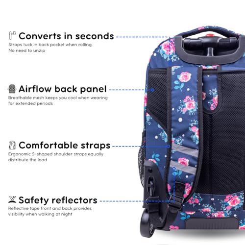 J World Sundance Laptop Rolling Backpack for Girls Boys. Roller Bookbag with Wheels, 20 Inch, Navy Rose - color: Navy Rose