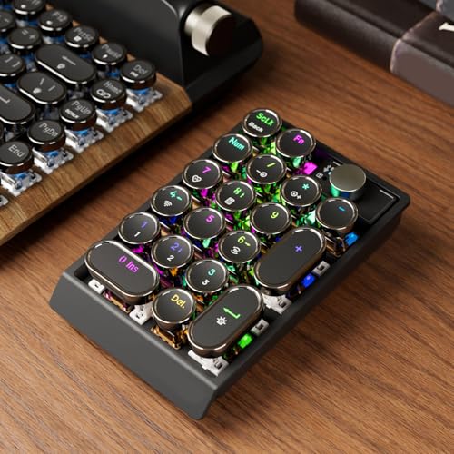 PUSOKEI Mechanical Number Pad, Bluetooth / 2.4G / USB C Retro Numeric Keypad with Knob, 1000mAh Rechargeable, RGB Backlit Hot Swappable Numpad for Laptop PC