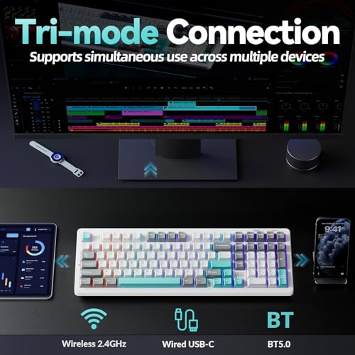 LINGBAO K98 96% Mechanical Creamy Wireless Gaming Keyboard With Number Pad | BT5.0/2.4G/USB-C, Gasket Custom Hot-Swappable Keyboard, 10000mAh Battery, RGB Backlit, Creamy Sound for Windows Mac PC Gamers - color: K98 | 10000mAh | White Blue Grey