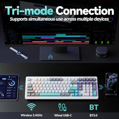 LINGBAO K98 - 96% Mechanical Keyboard Wireless,10000mAh Battery,Wireless Gaming Keyboard BT5.0/2.4G/USB-C, Gasket Hot Swappable,RGB Backlit, Creamy Sounding Keyboards with Number Pad for Win/Mac/PC - color: K98 | 10000mAh | White Blue Grey